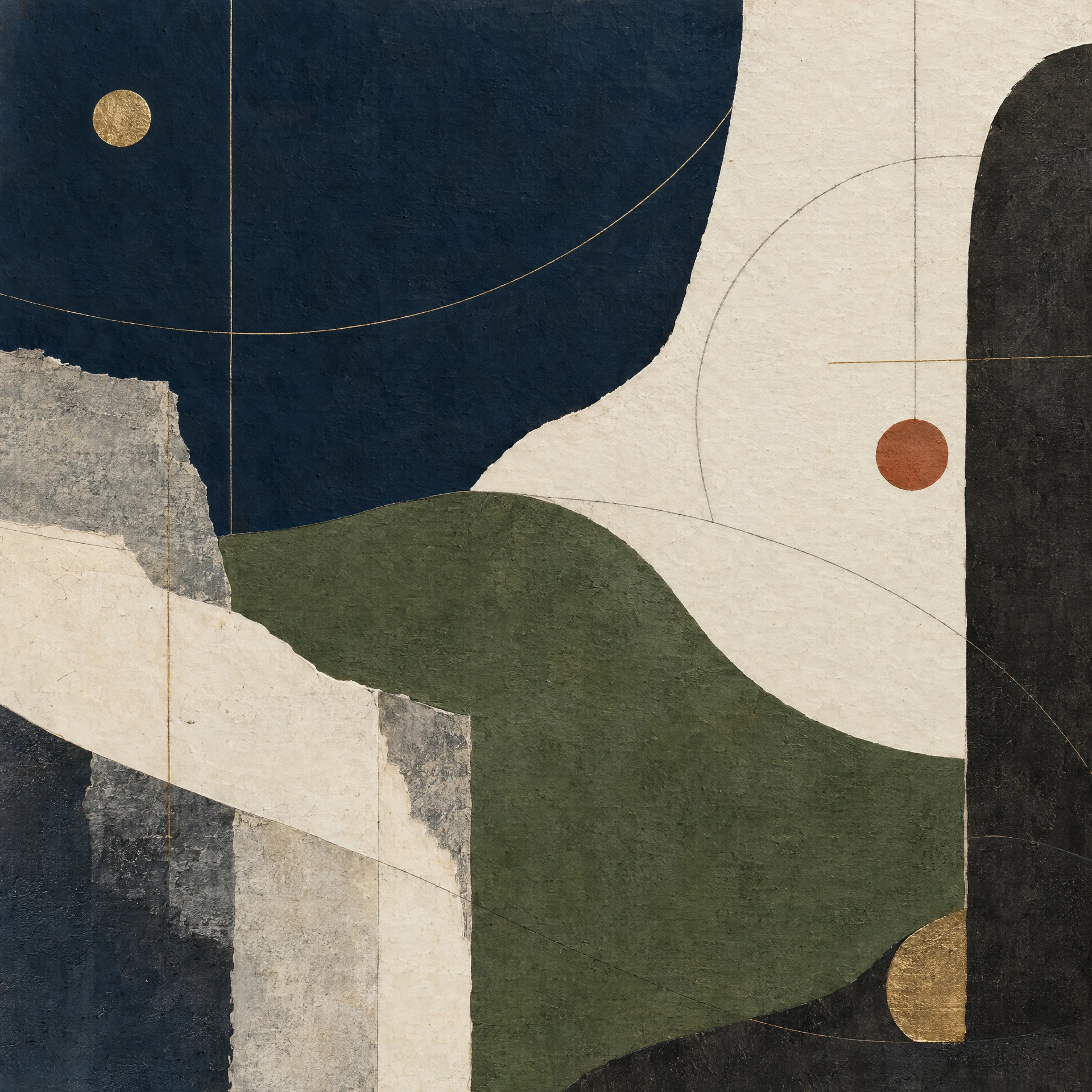 Abstract artwork in navy, green, cream, and terracotta